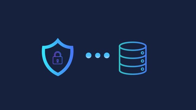 Animated motion graphics showing a security shield with a padlock icon connecting to a digital database cylinder. Concept of protected database infrastructure and backend cybersecurity.
