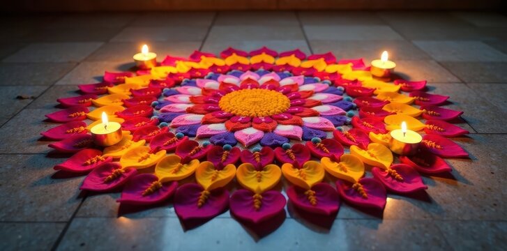 Colorful rangoli design on a floor made of bright marigold petals and candles, festival lights, henna patterns