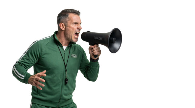 An isolated male coach in a green tracksuit shouts intensely into a megaphone, offering guidance or motivation.