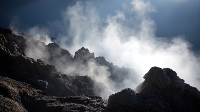 Steam Rising from Rocky Terrain in a Volcanic Landscape Scene