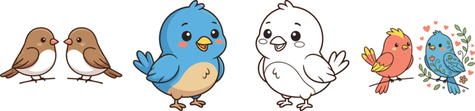 Cute Cartoon Bird Collection with Lovebirds, Bluebirds, and Adorable Singing Bird Characters Isolated on White Background