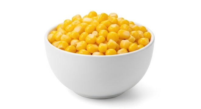 Bowl of sweet corn kernels isolated on white background