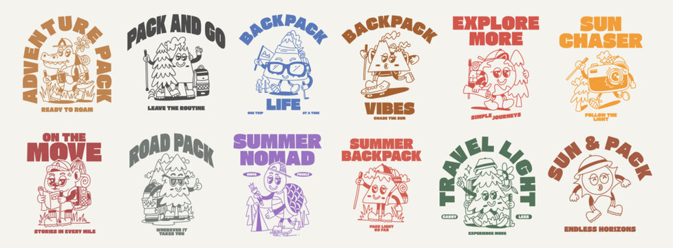 Backpack T-shirt Designs Bundle for Print, Summer Outdoor Graphic Tee Collection. Groovy Cartoon Vector Illustration Set, Badge, Emblem, Logo, Symbol. Vacation Holiday Brand