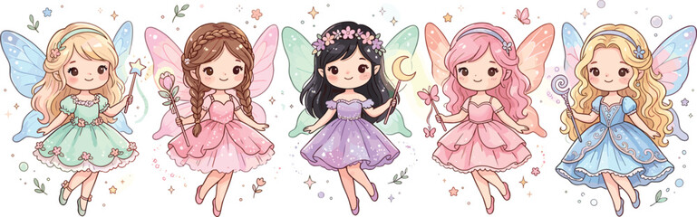 Cute Fairy Princess Collection with Magical Cartoon Girls, Fantasy Wings, and Enchanted Fairy Tale Characters Isolated on White © Najir