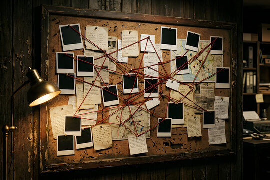 Pinning white pictures with red thread to the detective investigation board. Detective evidence board with blank papers, empty photo frame pinned to corkboard.