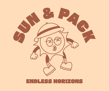 Sun & Pack Backpack T-shirt Design for Print, Summer Outdoor Graphic Tee. Groovy Cartoon Vector Illustration, Badge, Emblem, Logo, Symbol. Vacation Holiday Brand