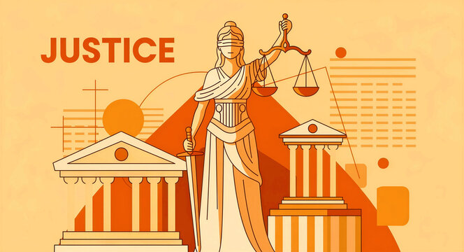 Lady Justice holding scales and sword with courthouse and justice text. Flat illustration of the goddess of law in orange monochrome. Legal system concept for law firm branding and judicial marketing.