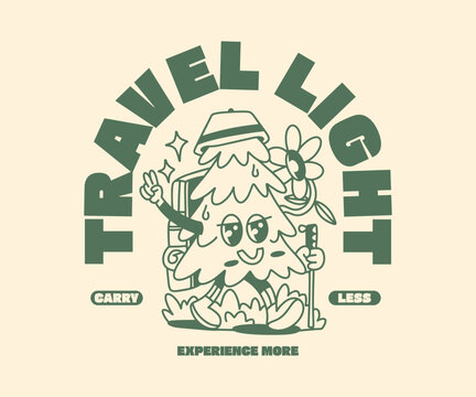 Backpack T-shirt Design for Print, Summer Outdoor Graphic Tee. Groovy Cartoon Vector Illustration, Badge, Emblem, Logo, Symbol. Vacation Holiday Brand