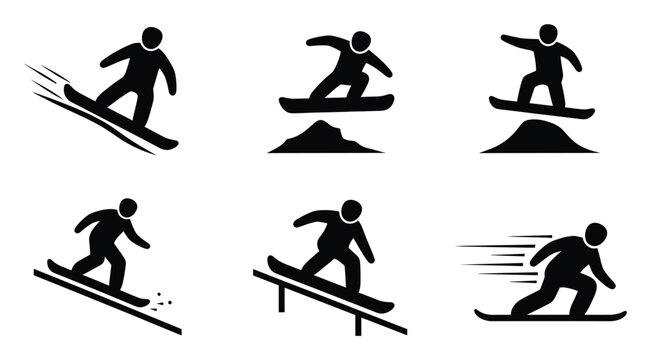 Set of dynamic snowboarding icons for winter sport activities and extreme recreation