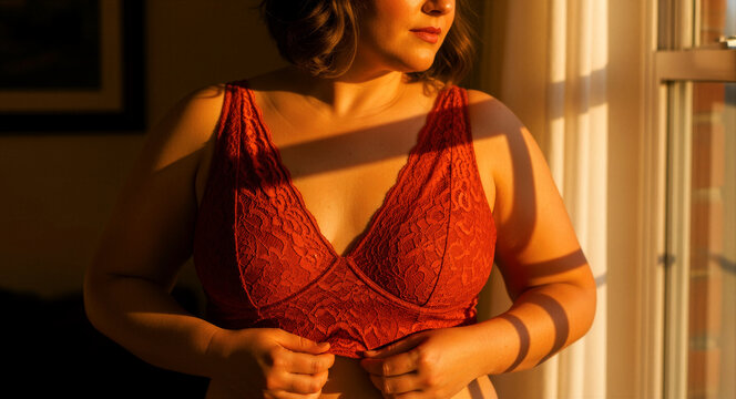 Plus-size woman wearing a red lace bralette by a window during golden hour. Dramatic sunlight and shadows fall across her body. Body positivity and self-confidence concept for inclusive marketing.