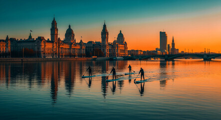 Fototapeta premium People stand up paddleboarding on a river with a historic city skyline at sunset. Silhouetted figures paddle through calm water. Urban wellness and travel concept for active lifestyle marketing.