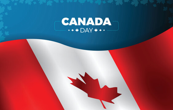 Canadian flag illustration with maple leaf and canada day text on a blue wave background