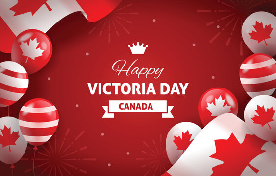 Happy victoria day canada greeting with balloons and maple leaf flags