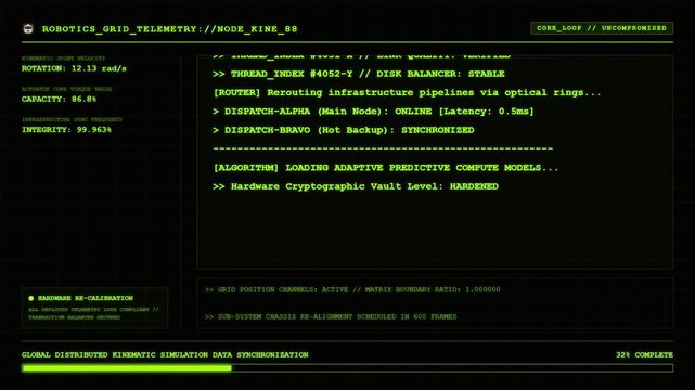 Robotics Grid Telemetry Screen Displaying Global Distributed Kinematic Simulation Data Synchronization Progress Log.