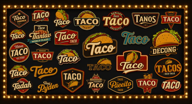 Collection of vintage taco logo designs and retro restaurant badges. Mexican food labels with illustrated tacos on a dark background. Ideal for branding, menu design, and food truck marketing.