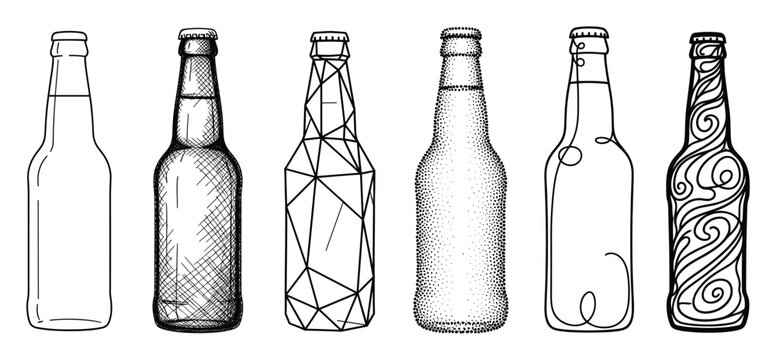 Set of various beer bottles with distinct graphic textures for drink menus and product design.