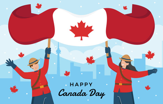 Canada day illustration with waving flags and mounties in front of city skyline