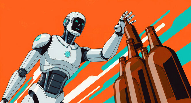 White humanoid robot reaching for glass bottles against an orange background. Automated machine handling beverage packaging in a factory. Robotics and AI concept for modern industry marketing.