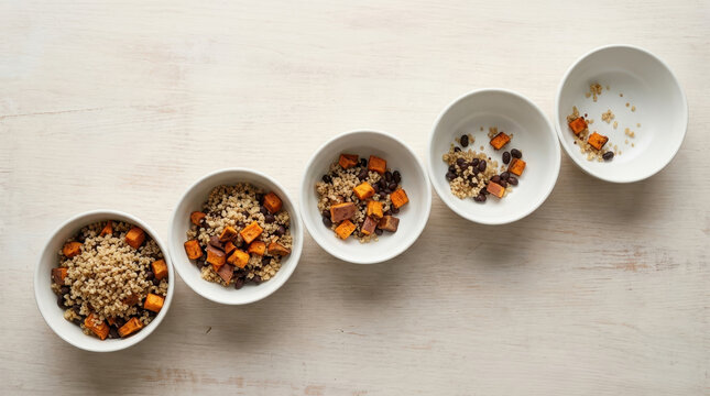 Quinoa and roasted sweet potato in white bowls arranged in row showing global inflation impact on portion sizes and food consumption trends in minimalistic setting