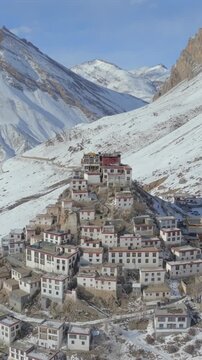 Vertical Aerial View of Key Monastery in Snow Covered Spiti Valley Himachal Pradesh