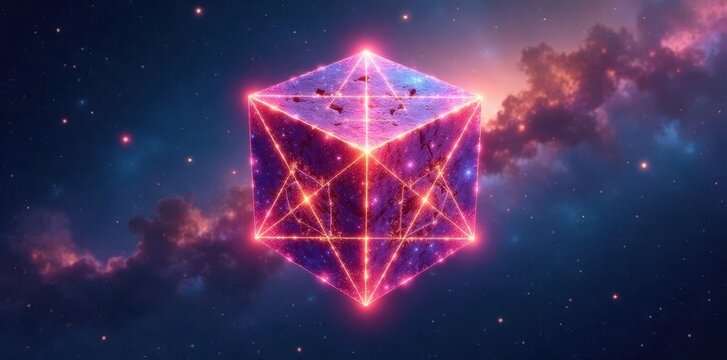Cosmic Metatron cube in vibrant colors with galaxy background, blue, space