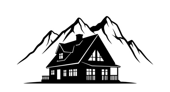Mountain Cabin Lodge Vector Illustration in Front of Mountains