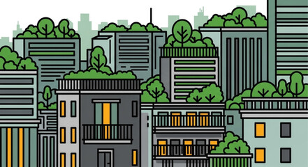 Fototapeta premium Green city buildings with rooftop gardens and trees.