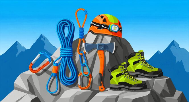 Illustration of mountaineering and climbing gear arranged on a rocky peak. Collection includes a helmet, rope, ice axe, and boots. Adventure sports concept for outdoor recreation and tourism.