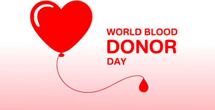 World Blood Donor Day modern poster featuring red heart shaped balloon with donation tube on gradient background, symbolizing life saving generosity and global blood donation awareness campaign.