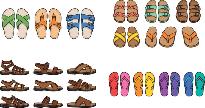 Summer Sandal and Flip Flop Footwear Collection with Casual Beach Slippers, Fashion Slides, and Colorful Vector Illustration Set
