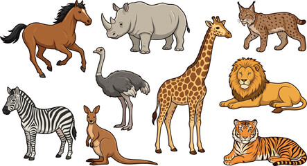 Wild Zoo Animal Vector Set with Horse Rhino Giraffe Lion Tiger Zebra Kangaroo Ostrich and Lynx Collection © Lunavera art