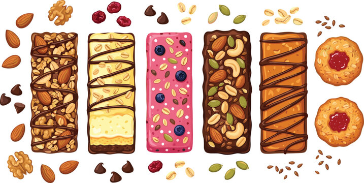 Granola Snack Bar Collection with Nuts Seeds Berries Chocolate Oatmeal and Jam Cookies Vector Illustration Set