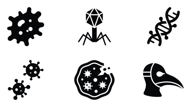 Set of essential biology icons depicting germs, viruses, DNA, and plague for scientific projects