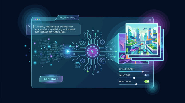 A futuristic interface displays a vibrant cityscape on a screen with various technological elements and neon lights in a dark room with Science and Technology concepts.