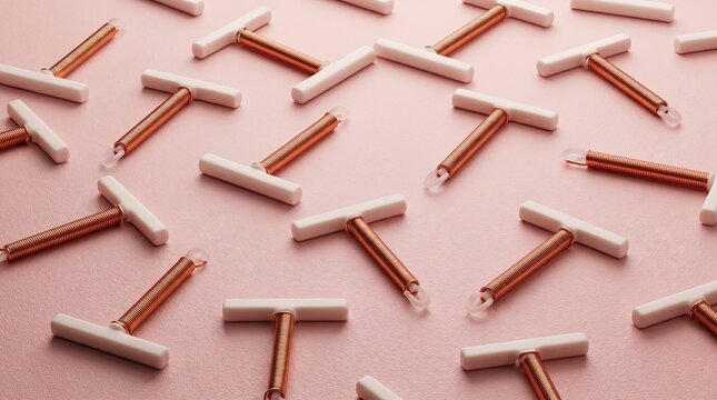Multiple copper T-shaped intrauterine devices (IUDs) scattered on a pink background, representing contraception and women's health.