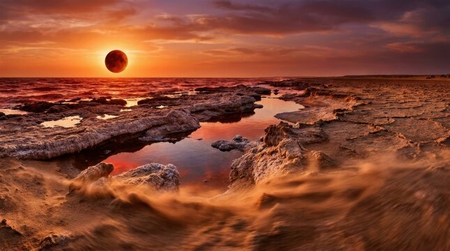 Dramatic solar eclipse over a surreal rocky landscape with a red ocean and blowing sand at sunset in an otherworldly desert environment.