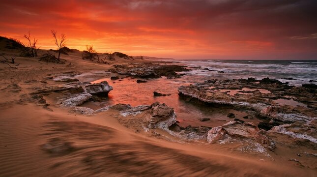 Spectacular dramatic sunset over a rugged rocky coastline with windblown sand dunes and vibrant red clouds reflecting in coastal tide pools.