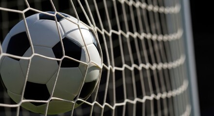 Naklejka premium Soccer ball in goal net close up view of a scored goal in a football match
