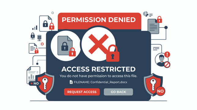 A permission denied error message restricts access to a locked digital file with security icons on a computer screen.