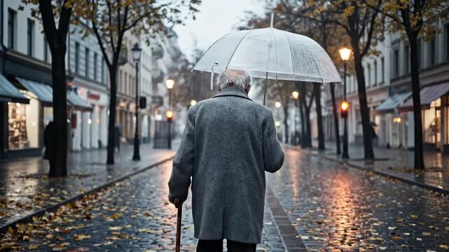 Older man walking with an umbrella on a wet autumn street. Rainy day in the city with fallen leaves and illuminated shop windows.