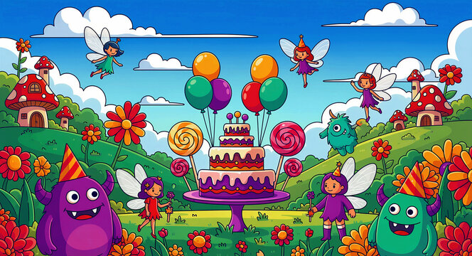 Fantasy birthday party with a tiered cake and colorful balloons. Monsters and fairies celebrate near mushroom houses and flowers. Playful cartoon illustration ideal for kids' party invites and decor.