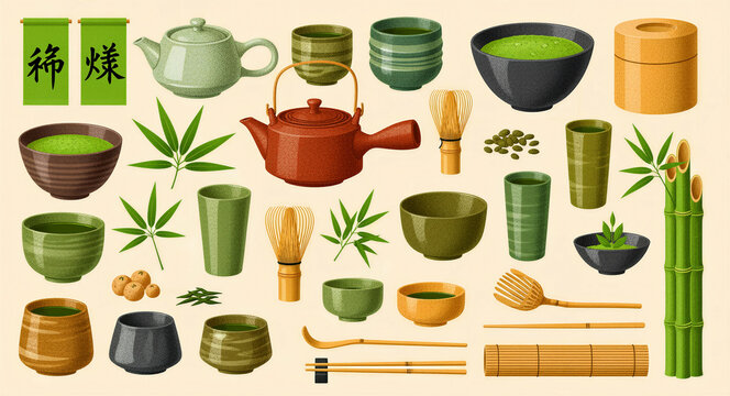Traditional Japanese matcha tea ceremony equipment collection illustrated on beige. Elements include ceramic bowls, bamboo whisks, and teapots. Zen wellness concept, ideal for organic food branding.