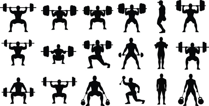 Fitness Exercise Silhouettes Set of Men and Women Performing Gym Workouts and Athletic Training Poses
