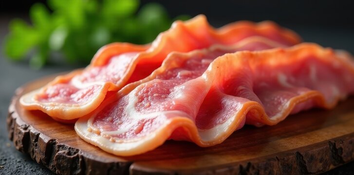 Crispy raw pork bacon slices, fatty texture visible , cured, meat