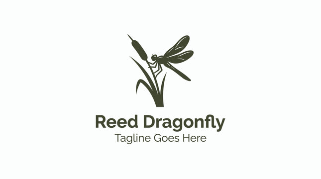 Dragonfly on Reed Plant Logo Icon.