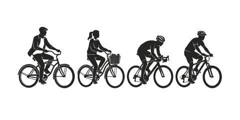 Fototapeta premium Bicycle rider silhouette set, diverse cyclists riding city and mountain bikes, black vector icons of people cycling for fitness and eco-friendly transport