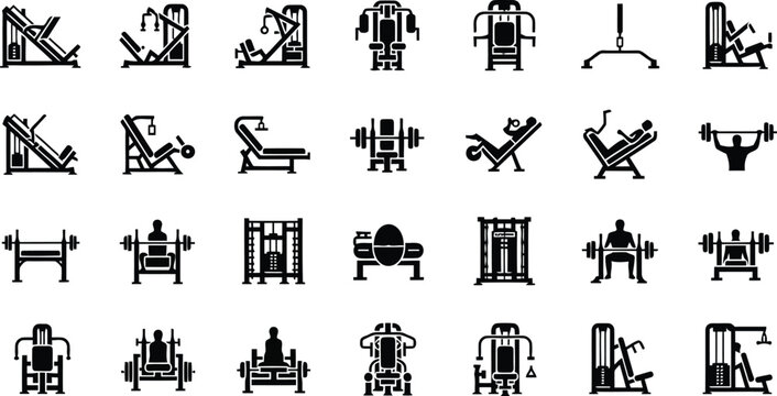 Fitness exercise icons set with gym equipment, workout poses and strength training silhouettes on white background