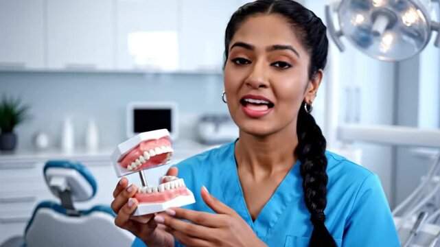 Indian woman dentist explaining dental anatomy with mouth model in a clinic for patient education and dental hygiene concept.
