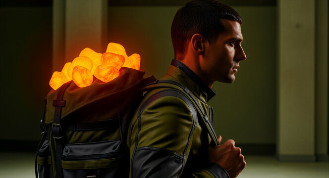 Man carrying a backpack filled with glowing orange crystals. Explorer or scavenger transporting energy source stones. Sci-fi energy concept, ideal for gaming and futuristic technology marketing.