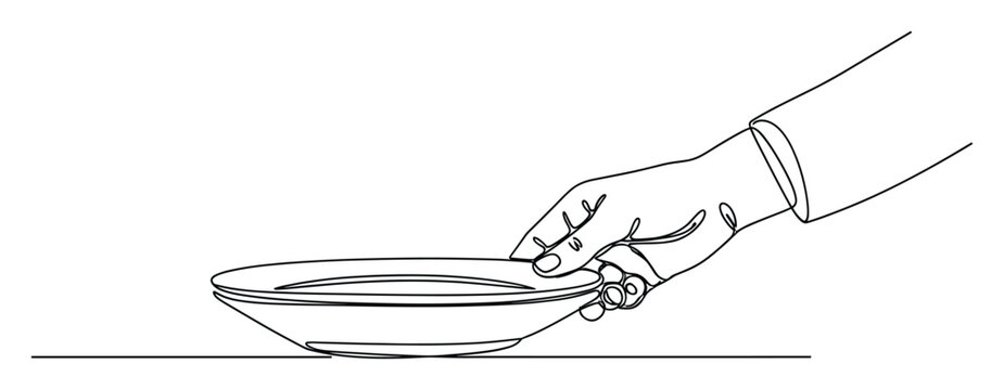Single continuous line drawing of a human hand holding a dish, great for concepts of offering or